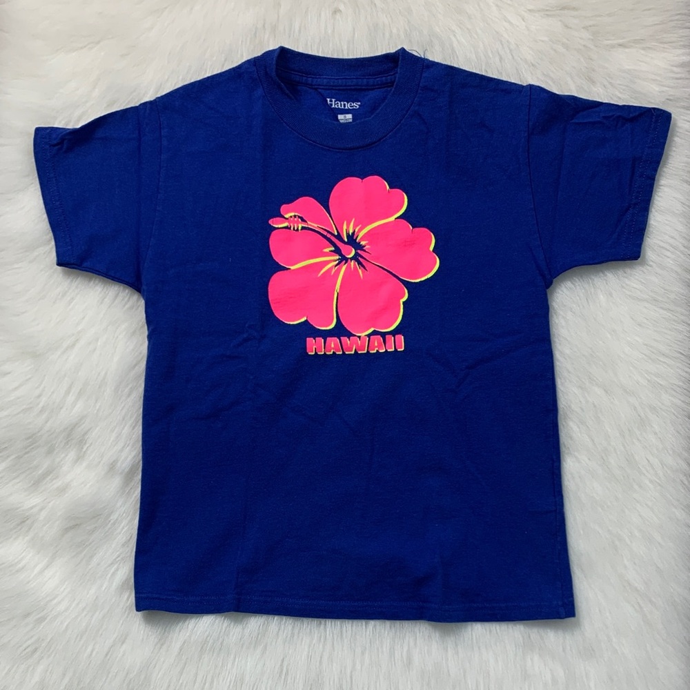Hanes Kids Navy Tee with Neon Pink Hibiscus